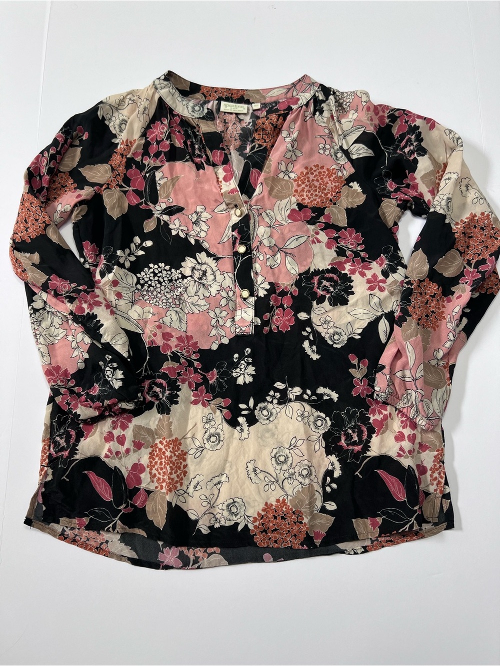 Spartina 449 100% Silk Floral Tunic Blouse XS Boho Pink Black